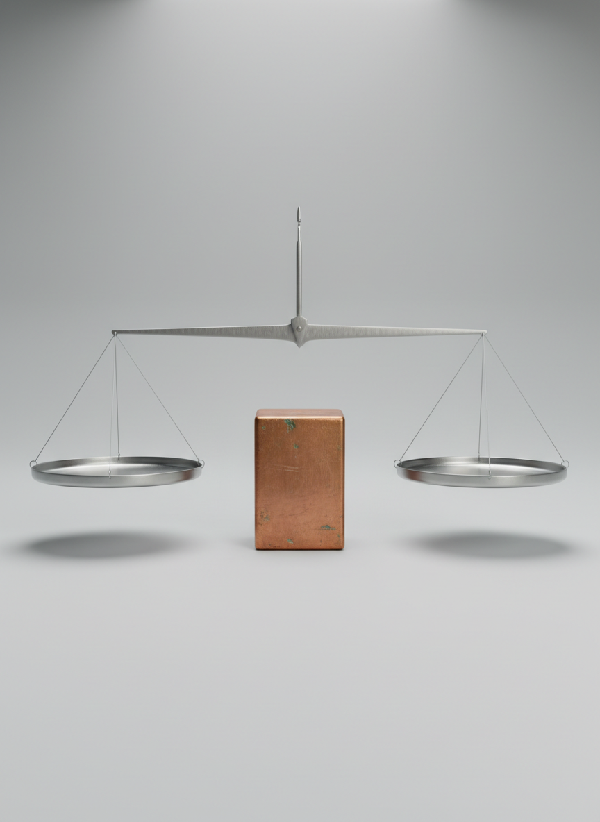 A single copper ingot resting in the center of a minimalist balance scale, the clean metallic arms of the scale extending horizontally on a neutral-toned, seamless background. The copper bar’s surface gleams with subtle, natural patina and fine, linear texture from the casting process. Cool, diffused lighting from above ensures delicate highlights and soft, understated shadows that define the precise forms without distraction. The scene communicates the concept of intrinsic value through balance, order, and clarity. Captured from a symmetrical, centered perspective with sharp detail and shallow background blur, the image projects a sense of objectivity and precision, consistent with a highly professional finance or investment website.