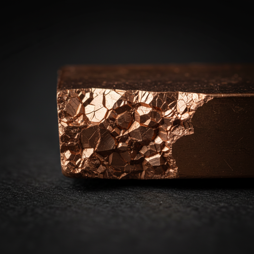 A macro close-up of the detailed crystalline surface structure on the broken edge of a pure copper ingot, revealing complex metallic patterns, natural orange-red hues, and subtle variances in gloss. The ingot is carefully positioned on a black, textured backdrop with no visual clutter, the contrast accentuating both color and minute textural qualities. Controlled, soft studio lighting from the side brings out the intricate depth and dimensionality of the broken edge, while surrounding shadows gently frame the subject. The image is calm and analytical, created in photographic realism for a scientific or educational context. Captured from a side-on macro angle to immerse the viewer in the copper’s unique materiality, fitting a blog emphasizing the technical and investment aspects of copper bullion.