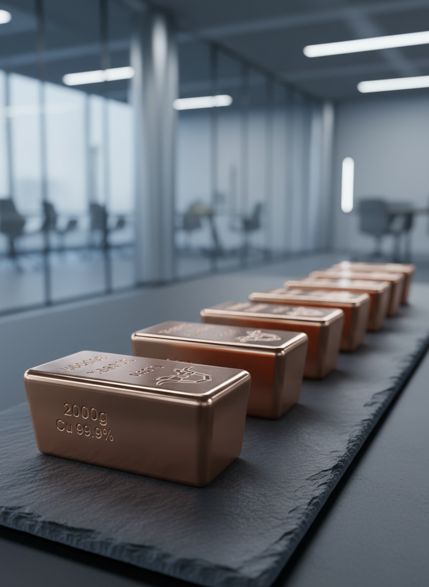 A row of copper ingots arranged diagonally across a dark slate surface, each bar meticulously aligned to showcase crisp, engraved weights and purity marks on their polished fronts. The environment is a sparsely decorated, modern office space with glass partitions and steel accents barely visible in the subdued, gently blurred background. Subtle, cool artificial lighting from both the left and right casts dynamic yet soft-edged reflections and shadows, emphasizing the uniformity and high quality of the ingots. The composition uses the rule of thirds, focusing closely on the foreground ingot in crisp detail while allowing the others to recede with increasingly smooth bokeh. The overall visual style is sleek, neutral, and overtly professional, evoking trust and expertise.