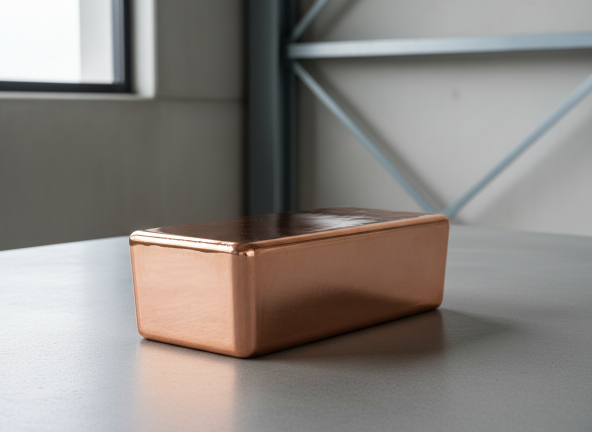 A precisely cast, rectangular copper ingot with smooth, slightly rounded edges and a lustrous, mirror-like surface that reflects with a warm reddish-bronze gleam. The ingot is centered on a matte gray concrete tabletop, surrounded by an uncluttered, industrial setting with clean lines and sharp corners. Subtle daylight enters from a side window, creating a delicate interplay of highlights on the ingot’s surface and casting a soft, diffuse shadow behind. The mood is composed and professional, conveying value and stability. Photographed from a slightly elevated, three-quarter angle to emphasize structure and depth, with balanced composition and crisp focus throughout. The image exudes photographic realism, adhering to a clean, corporate, and modern aesthetic, perfectly aligned with a professional investment or commodity-focused blog.