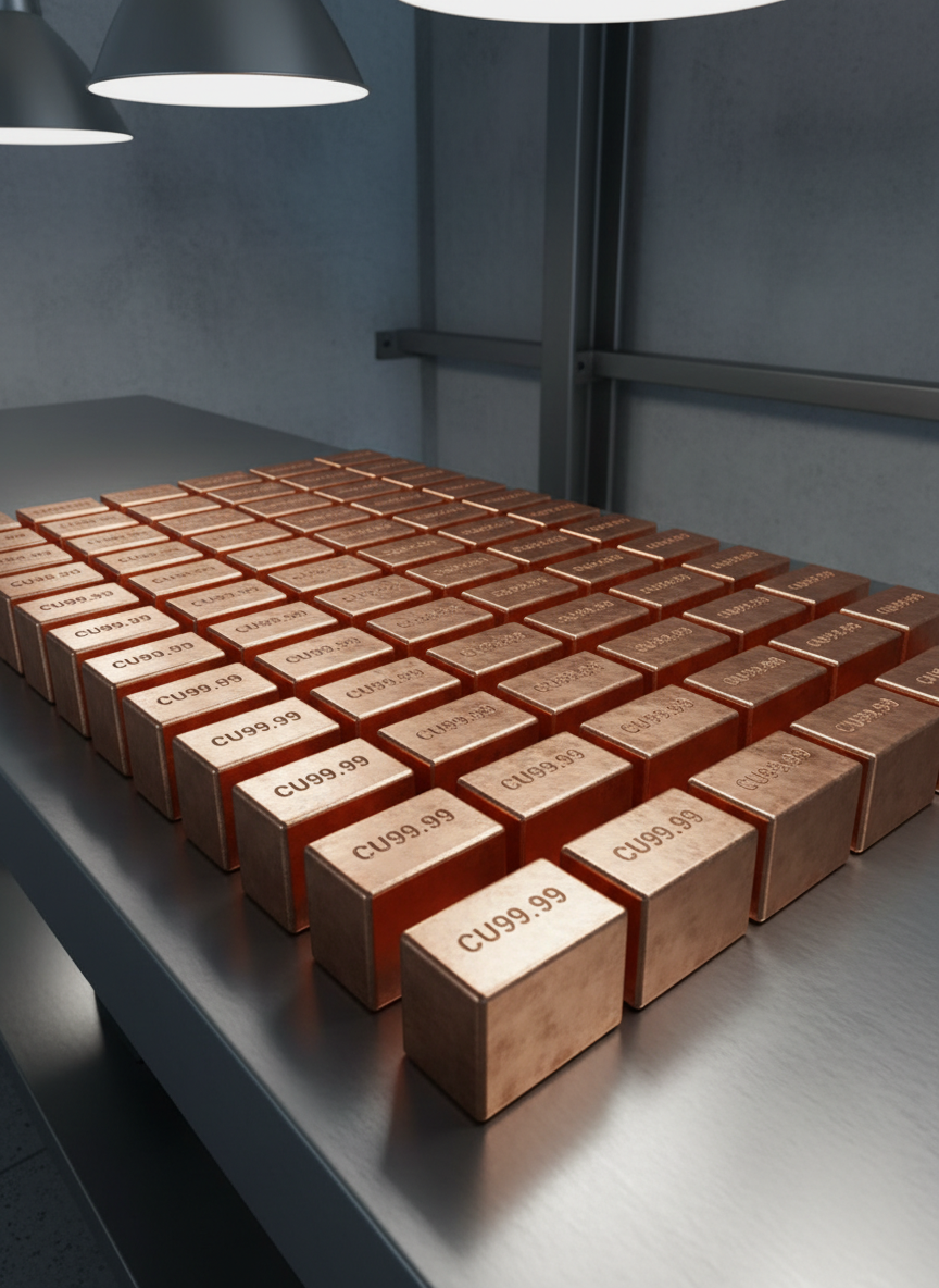 An arrangement of several copper ingots stacked with precision in an interlocking grid on a sleek steel workbench, each bar displaying distinct, stamped markings and serial numbers on their bright, metallic surfaces. The surrounding background is minimalist, featuring cool-toned, textured concrete and muted steel elements. Soft white, studio lighting overhead produces subtle, even highlights and gentle shadows that enhance the geometric shapes and reflectivity of the copper. The overall atmosphere is orderly and sophisticated, with a clear sense of professionalism and trust. Shot with a wide-angle lens at near eye-level, the composition creates depth by leading the viewer’s eye along the staggered rows. The aesthetic is clean, balanced, and structured, underscoring the site’s authoritative tone.